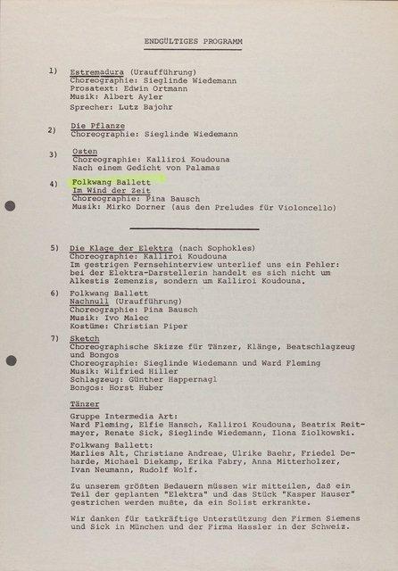 Programme pour « Nachnull (Après Zéro) » et « Im Wind der Zeit » de Pina Bausch avec Folkwangballett, « Estremadura », « Die Pflanze » et « Sketch » de Sieglinde Wiedemann avec Intermedia Art et « Osten » et « Die Klage der Elektra (nach Sophokles) » de Kalliroi Koudouna avec Intermedia Art à Munich, 8 janvier 1970