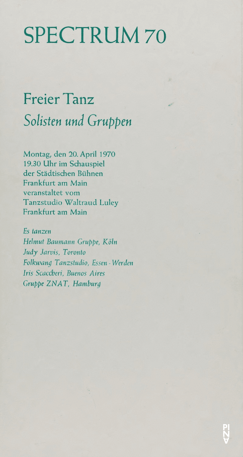 Programme pour « Nachnull (Après Zéro) », « Fragment » et « Im Wind der Zeit » de Pina Bausch avec Folkwang Tanzstudio, « Trauma » de Ulrike Baehr avec Folkwang Tanzstudio et « Metamorphose » de Jean Cébron avec Folkwang Tanzstudio à Francfort-sur-le-Main, 20 avril 1970