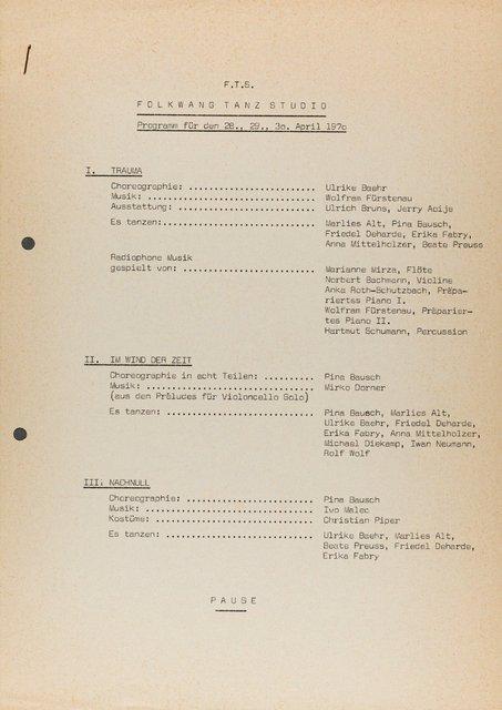 Evening leaflet for “New Children” by Suzette Martinez with Folkwang Tanzstudio, “Trauma” by Ulrike Baehr with Folkwang Tanzstudio, “Nachnull (After Zero)” and “Im Wind der Zeit” by Pina Bausch with Folkwang Tanzstudio and “Metamorphose” by Jean Cébron with Folkwang Tanzstudio, 04/28/1970 – 04/30/1970