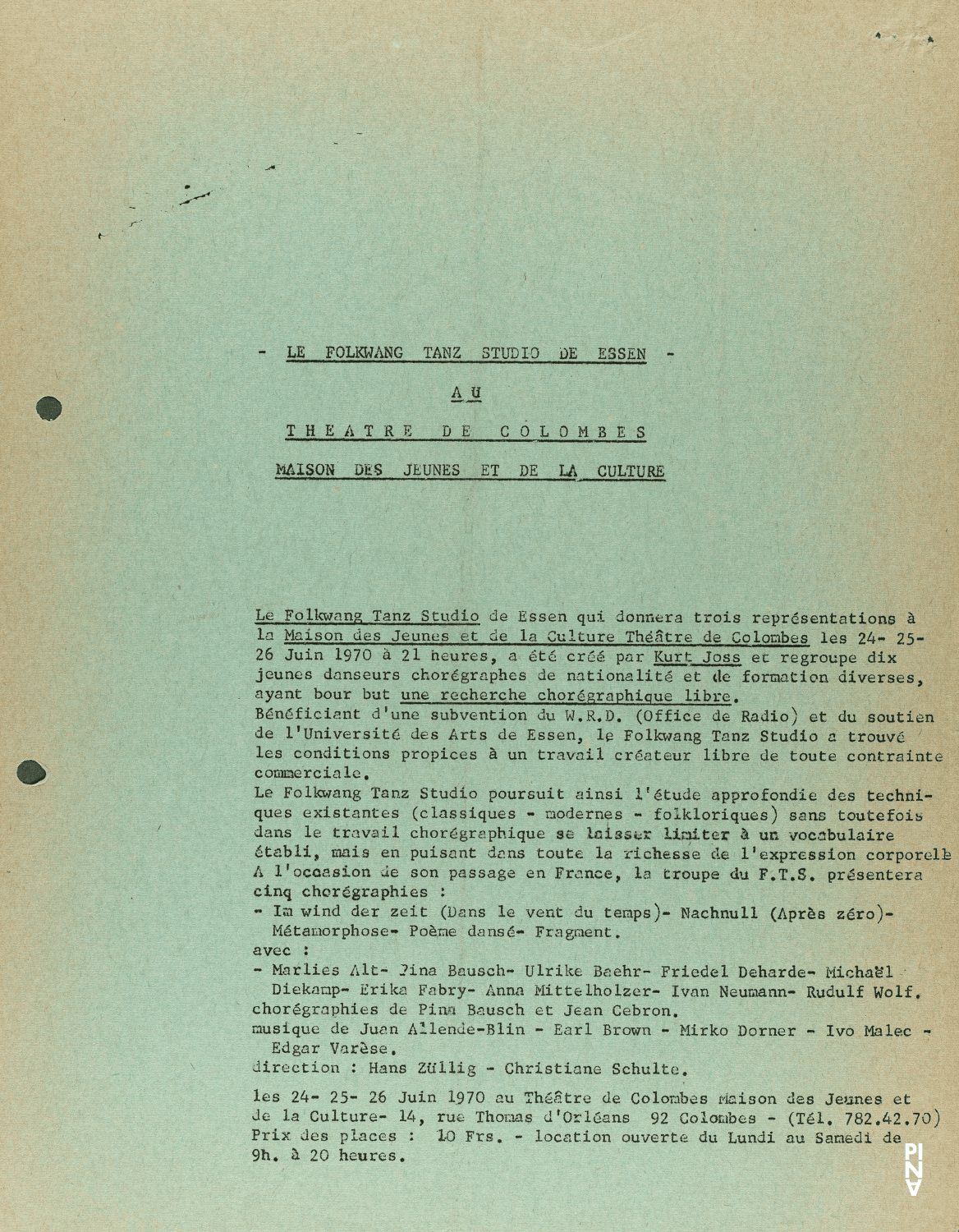 Prospectus pour « Metamorphose » et « Poème dansé » de Jean Cébron avec Folkwang Tanzstudio, « Nachnull (Après Zéro) » et « Im Wind der Zeit » de Pina Bausch avec Folkwang Tanzstudio et « Fragment » de Pina Bausch avec Folkwangballett à Colombes, 24 juin 1970 – 26 juin 1970