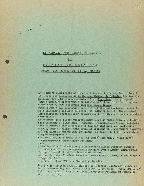 Flyer for “Metamorphose” and “Poème dansé” by Jean Cébron with Folkwang Tanzstudio, “Nachnull (After Zero)” and “Im Wind der Zeit” by Pina Bausch with Folkwang Tanzstudio and “Fragment” by Pina Bausch with Folkwangballett in in Colombes, 06/24/1970 – 06/26/1970