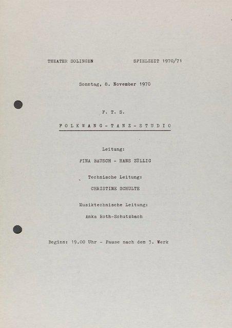 Programme pour « Nachnull (Après Zéro) » et « Im Wind der Zeit » de Pina Bausch avec Folkwang Tanzstudio, « Mono » de Susanne Linke avec Folkwang Tanzstudio et « Recueil », « Metamorphose » et « Poème dansé » de Jean Cébron avec Folkwang Tanzstudio à Solingen, 8 novembre 1970