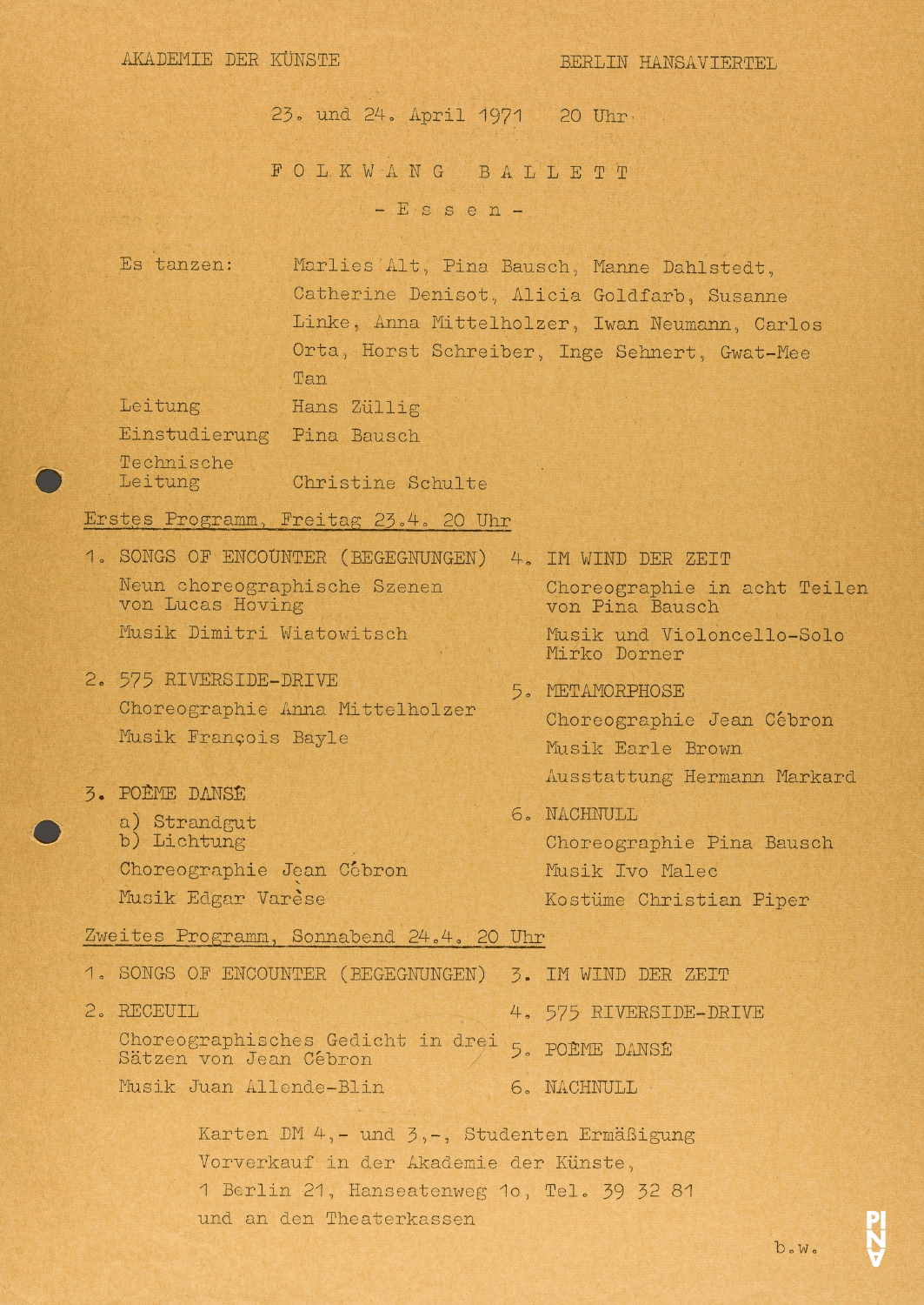 Evening leaflet for “Nachnull (After Zero)” and “Im Wind der Zeit” by Pina Bausch with Folkwangballett, “Songs of Encounter” by Lucas Hoving with Folkwangballett, “Poème dansé”, “Metamorphose” and “Recueil” by Jean Cébron with Folkwangballett and “575 Riverside-Drive” by Anna Mittelholzer with Jean Cébron – Pina Bausch in in Berlin, 04/23/1971 – 04/24/1971