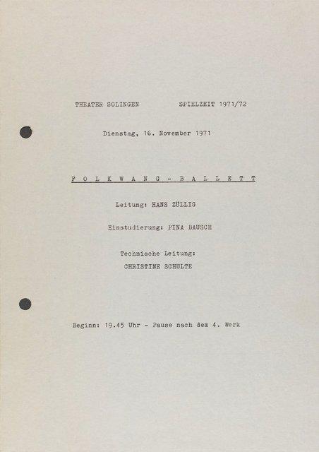 Programme pour « Nachnull (Après Zéro) », « PHILIPS 836 887 DSY » et « Aktionen für Tänzer » de Pina Bausch avec Folkwangballett, « Songs of Encounter » de Lucas Hoving avec Folkwangballett et « Model für ein Mobile » de Jean Cébron avec Folkwangballett à Solingen, 16 novembre 1971