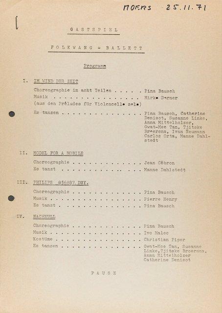 Programme pour « Nachnull (Après Zéro) », « Im Wind der Zeit » et « PHILIPS 836 887 DSY » de Pina Bausch avec Folkwangballett, « Model für ein Mobile » de Jean Cébron avec Folkwangballett et « Songs of Encounter » de Lucas Hoving avec Folkwangballett à Moers, 25 novembre 1971