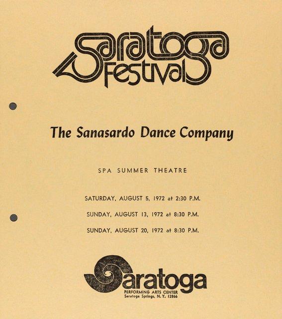 Abendzettel zu „Nachnull“ und „PHILIPS 836 885 DSY“ von Pina Bausch mit The Sanasardo Dance Company, „The Myth“ und „The Path“ von Paul Sanasardo mit The Sanasardo Dance Company und „Sextetrahedron“ von Manuel Alum mit The Sanasardo Dance Company in New York und Saratoga, NY, 20. August 1972