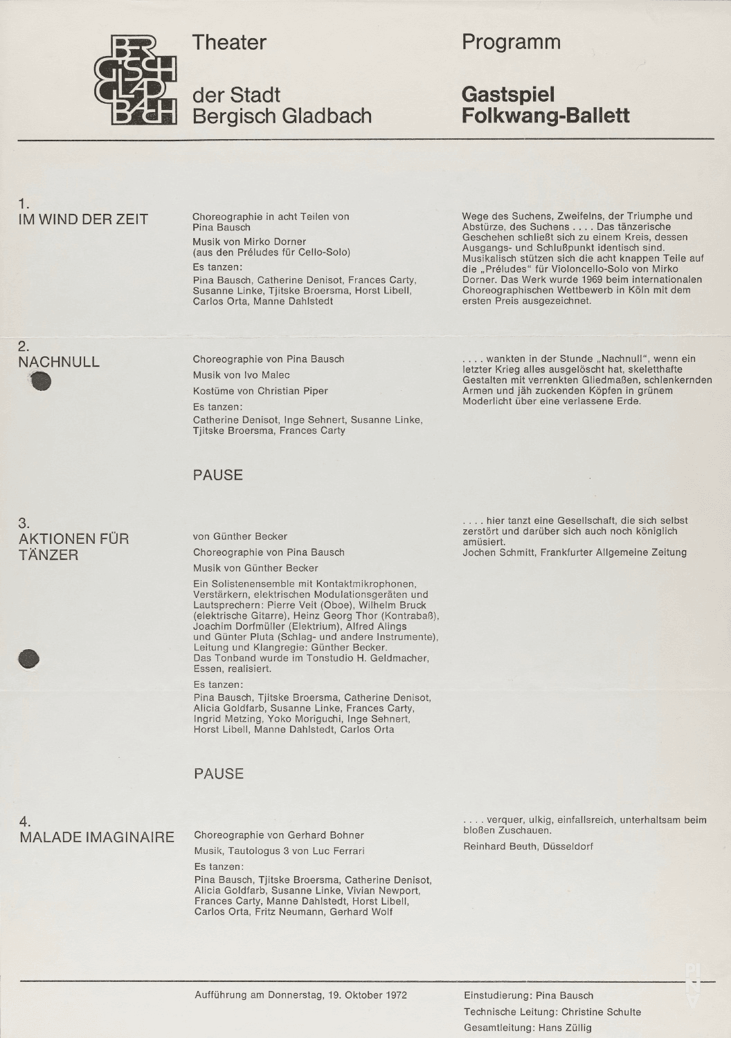 Abendzettel zu „Nachnull“, „Aktionen für Tänzer“ und „Im Wind der Zeit“ von Pina Bausch mit Folkwangballett und „Malade Imaginaire“ von Gerhard Bohner mit Folkwangballett in Bergisch Gladbach, 19. Oktober 1972