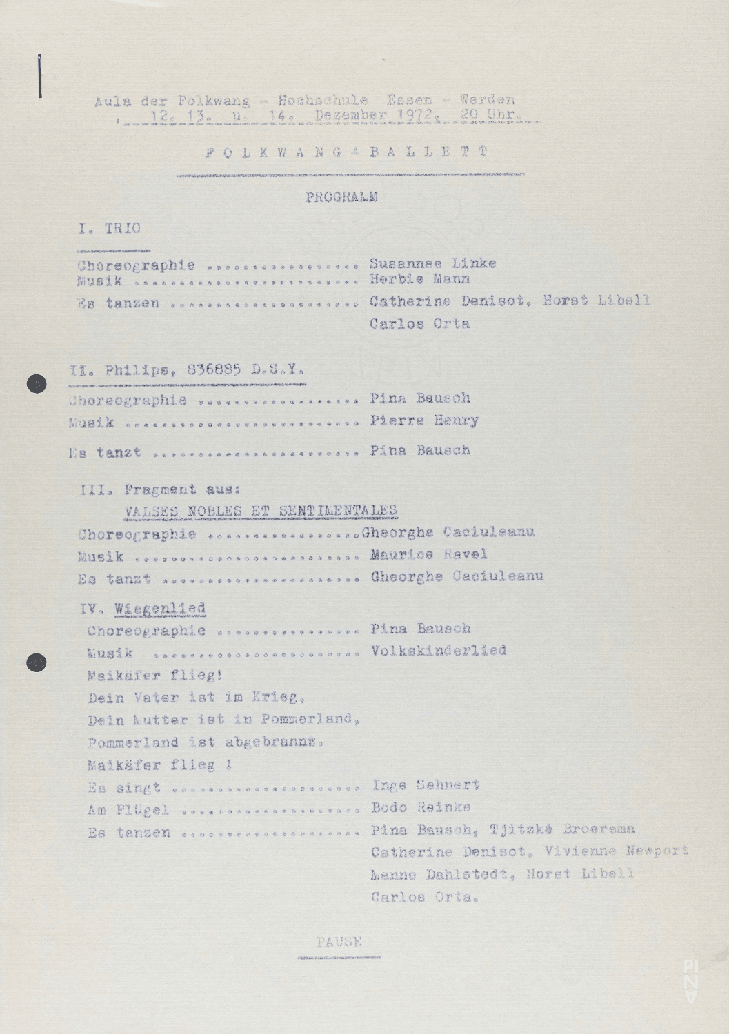 Evening leaflet for “Wiegenlied” by Pina Bausch with Folkwangballett and “PHILIPS 836 887 DSY” by Pina Bausch with Solo in in Essen, 12/12/1972 – 12/14/1972