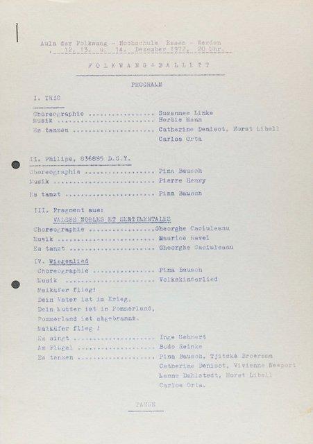 Programme pour « Wiegenlied » de Pina Bausch avec Folkwangballett et « PHILIPS 836 885 DSY » de Pina Bausch avec Solo à Essen, 12 déc. 1972 – 14 déc. 1972