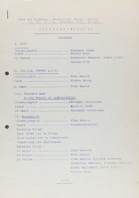 Programme pour « Wiegenlied » de Pina Bausch avec Folkwangballett et « PHILIPS 836 887 DSY » de Pina Bausch avec Solo à Essen, 12 déc. 1972 – 14 déc. 1972