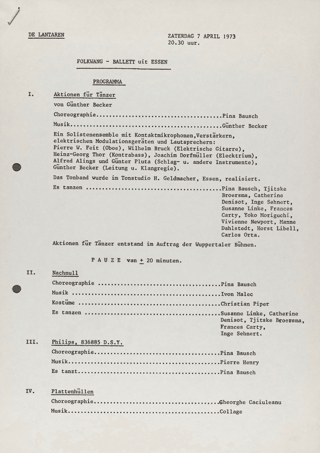 Abendzettel zu „Nachnull“, „Aktionen für Tänzer“, „PHILIPS 836 887 DSY“ und „Wiegenlied“ von Pina Bausch mit Folkwangballett in Rotterdam, 7. April 1973