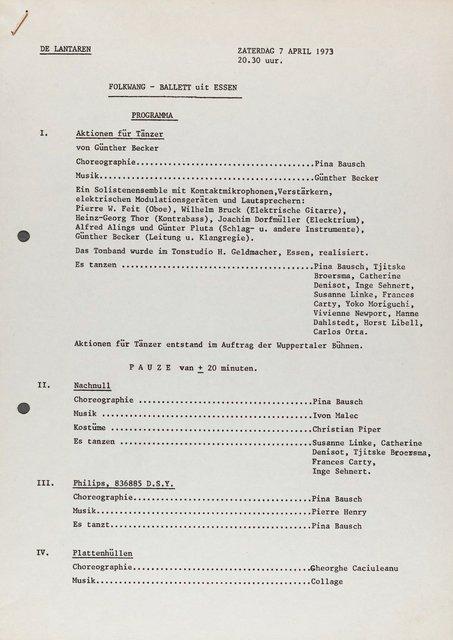 Programme pour « Nachnull (Après Zéro) », « Aktionen für Tänzer », « PHILIPS 836 885 DSY » et « Wiegenlied » de Pina Bausch avec Folkwangballett à Rotterdam, 7 avril 1973
