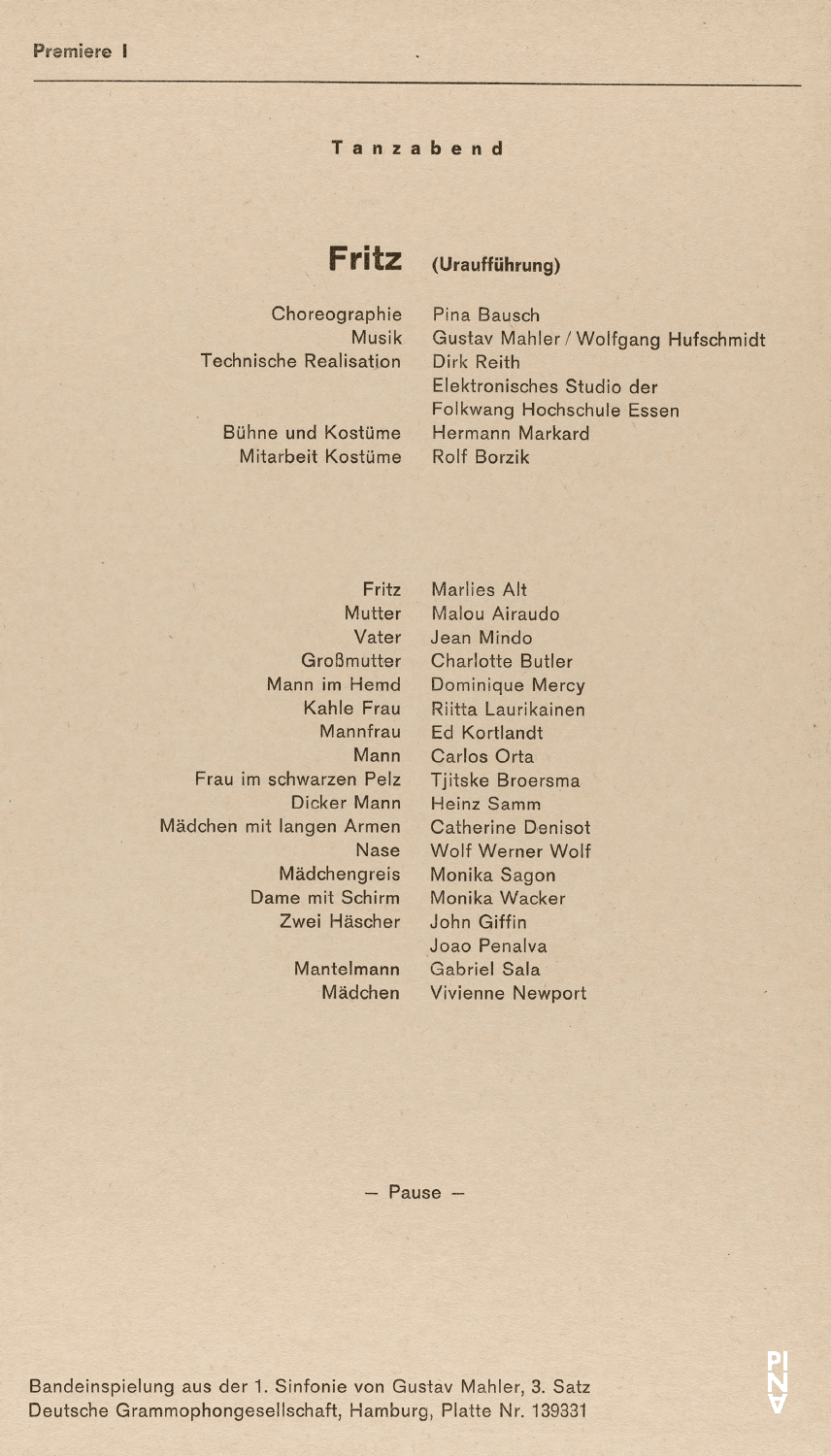Abendzettel zu „Fritz“ von Pina Bausch mit Tanztheater Wuppertal, „Rodeo“ von Agnes de Mille mit Tanztheater Wuppertal und „Der Grüne Tisch“ von Kurt Jooss mit Tanztheater Wuppertal in Wuppertal, 5. Januar 1974