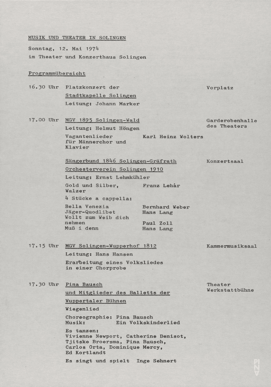 Programme pour « PHILIPS 836 887 DSY » et « Wiegenlied » de Pina Bausch avec Tanztheater Wuppertal à Solingen, 12 mai 1974