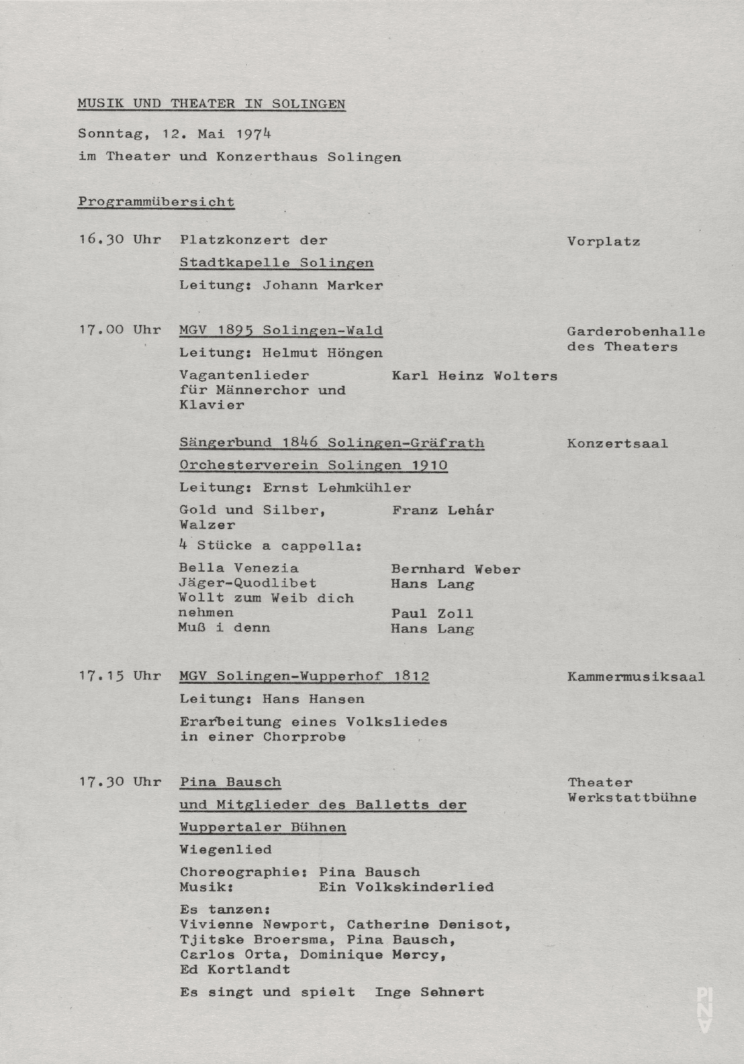 Abendzettel zu „PHILIPS 836 885 DSY“ und „Wiegenlied“ von Pina Bausch mit Tanztheater Wuppertal in Solingen, 12. Mai 1974