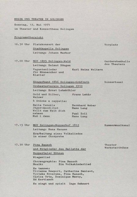 Programme pour « PHILIPS 836 885 DSY » et « Wiegenlied » de Pina Bausch avec Tanztheater Wuppertal à Solingen, 12 mai 1974