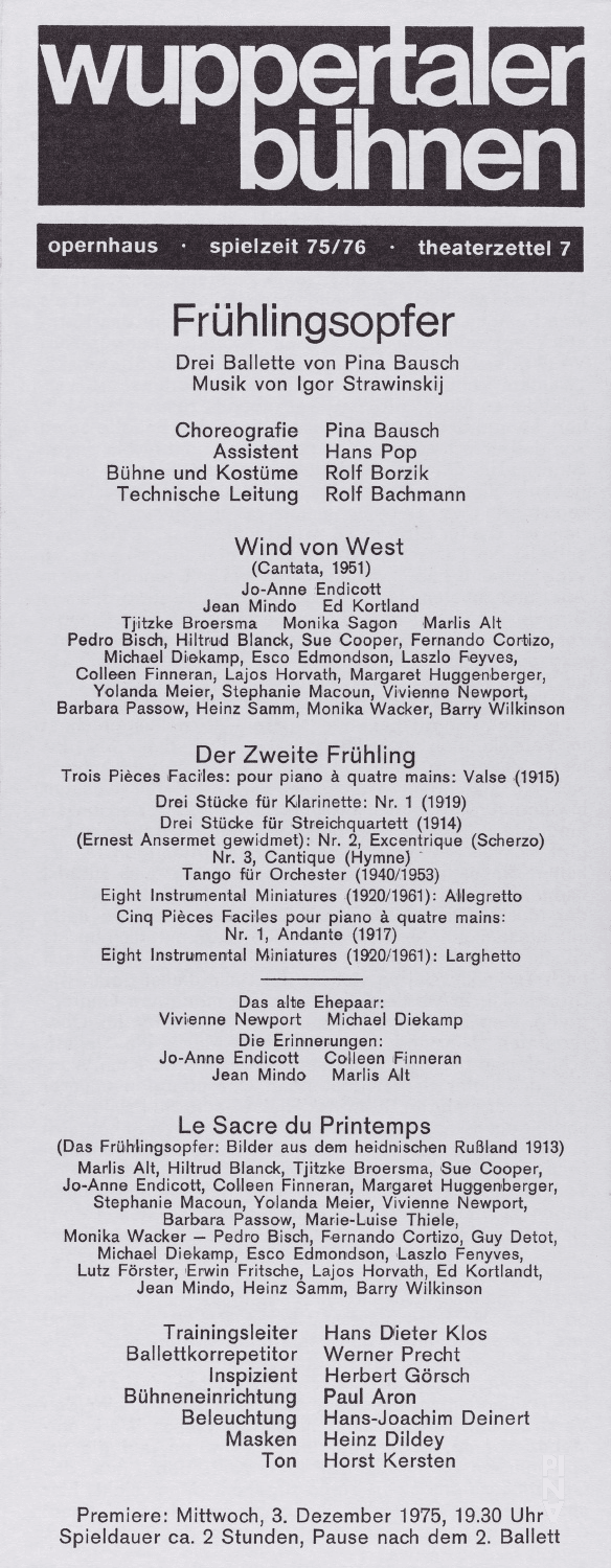 Programme pour « Le Sacre du printemps », « Wind From West » et « The Second Spring » de Pina Bausch avec Tanztheater Wuppertal à Wuppertal, 3 décembre 1975