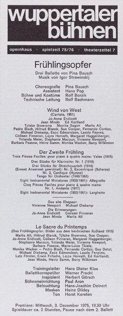 Programme pour « Le Sacre du printemps », « Wind von West » et « Der zweite Frühling » de Pina Bausch avec Tanztheater Wuppertal à Wuppertal, 3 décembre 1975