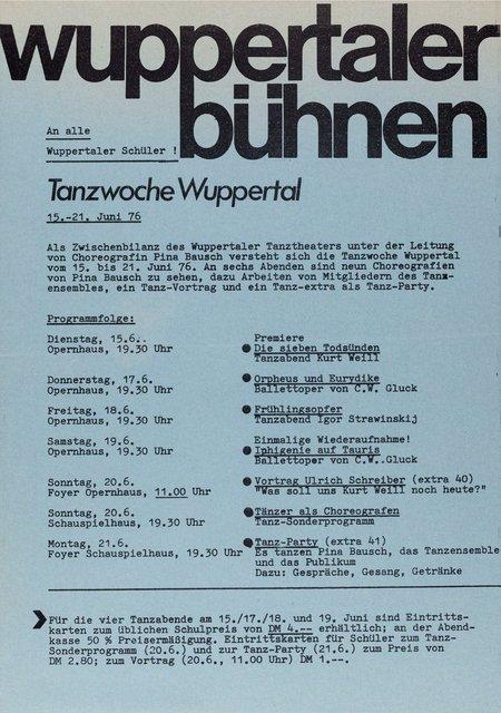 Einladung zu „Die sieben Todsünden“, „Orpheus und Eurydike“, „Das Frühlingsopfer“ und weiteren von Pina Bausch mit Tanztheater Wuppertal in Wuppertal, 15.06.1976–19.06.1976