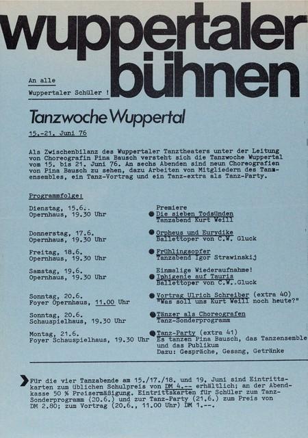 Invitation pour « Les Sept Péchés capitaux », « Orpheus und Eurydike », « Le Sacre du printemps » et autres de Pina Bausch avec Tanztheater Wuppertal à Wuppertal, 15 juin 1976 – 19 juin 1976