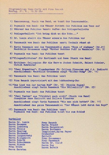 Abendzettel zu „Ich bring dich um die Ecke…“, „Fliegenflittchen“ und „Zwei Krawatten“ von Pina Bausch mit Tanztheater Wuppertal in Wuppertal, 21. Juni 1976