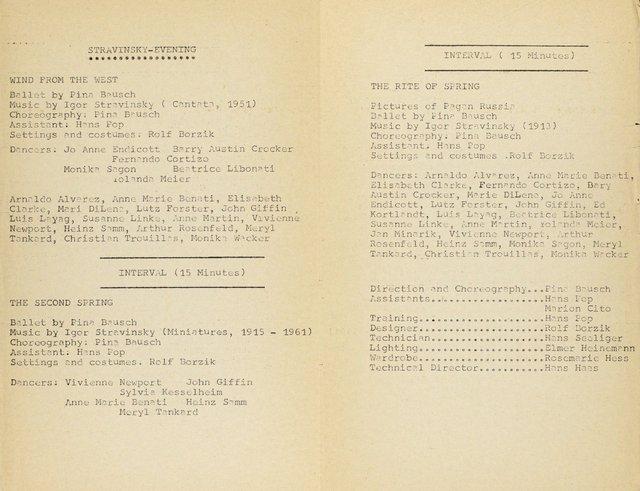 Evening leaflet for “The Rite of Spring”, “Wind From West” and “The Second Spring” by Pina Bausch with Tanztheater Wuppertal in in Manila, Feb. 6, 1979
