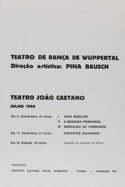 Programme pour « Le Sacre du printemps », « Café Müller », « Der zweite Frühling » et « Kontakthof » de Pina Bausch et « Der zweite Frühling » de Pina Bausch avec Tanztheater Wuppertal à Rio de Janeiro, 9 juil. 1980 – 12 juil. 1980