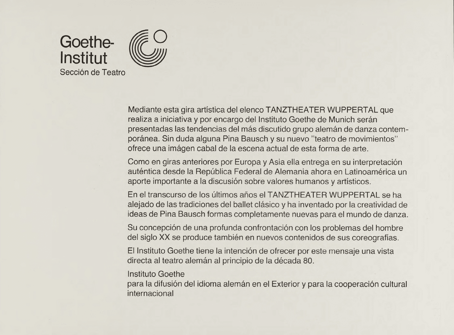Einlegeblatt zu „Café Müller“, „Das Frühlingsopfer“, „Der zweite Frühling“ und „Kontakthof“ von Pina Bausch in Caracas, 09.08.1980–10.08.1980