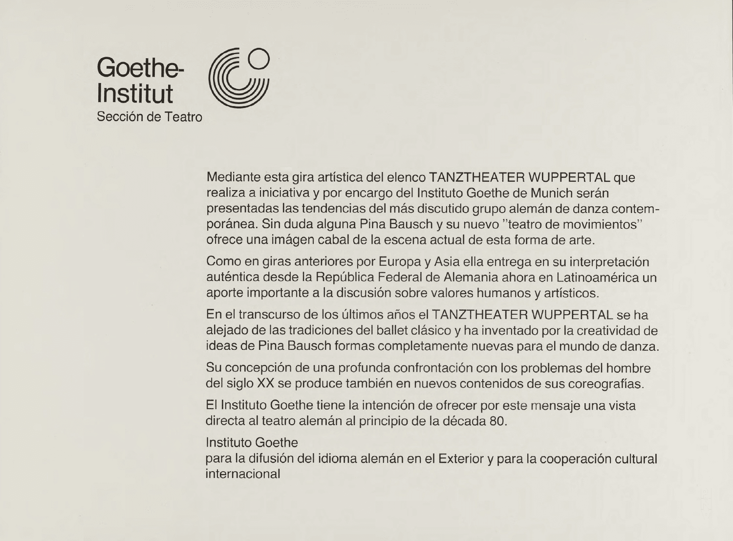 Insert for “Café Müller”, “Kontakthof”, “The Rite of Spring” and “The Second Spring” by Pina Bausch in in Caracas, 08/09/1980 – 08/10/1980