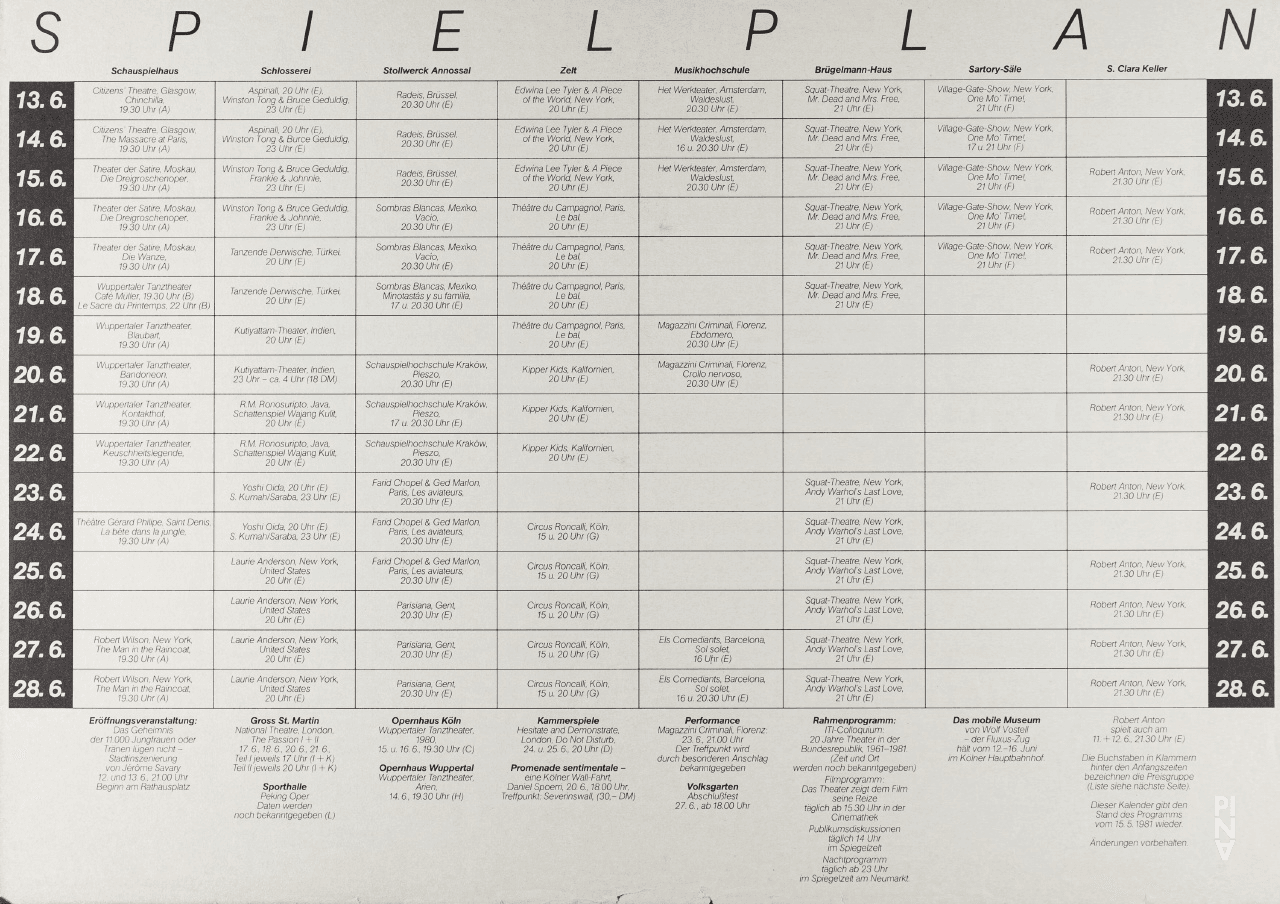 Calendrier des spectacles pour « Café Müller », « Le Sacre du printemps », « Barbe-Bleue. En écoutant un enregistrement sur bande magnétique de l’opéra de Béla Bartók « Le Château de Barbe-Bleue » », « Bandonéon », « Kontakthof » et « Keuschheitslegende (La légende de la chasteté) » de Pina Bausch avec Tanztheater Wuppertal à Cologne, 18 juin 1981 – 22 juin 1981
