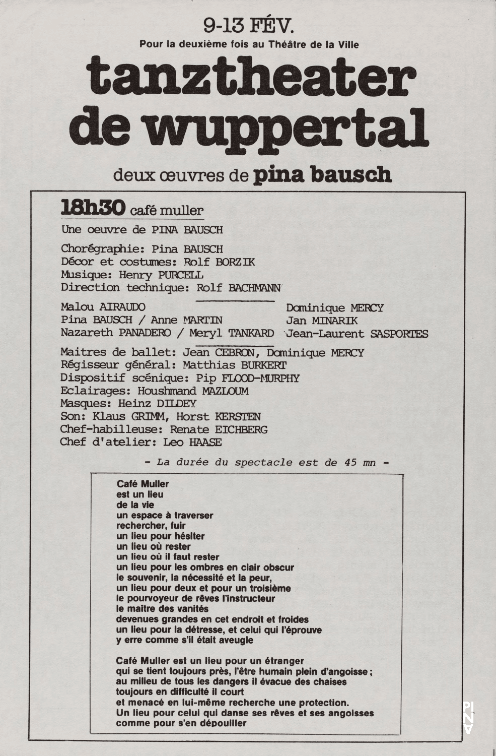 Abendzettel zu „Café Müller“ und „Keuschheitslegende“ von Pina Bausch mit Tanztheater Wuppertal in Paris, 09.02.1982–13.02.1982