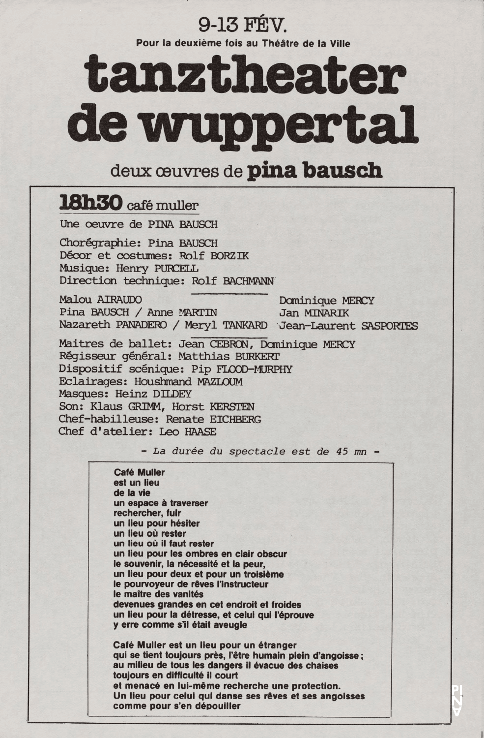 Programme pour « Café Müller » et « Keuschheitslegende (La légende de la chasteté) » de Pina Bausch avec Tanztheater Wuppertal à Paris, 9 fév. 1982 – 13 fév. 1982