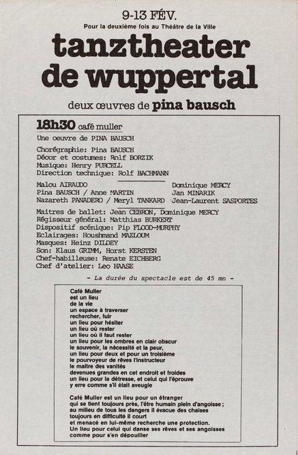 Programme pour « Café Müller » et « Keuschheitslegende (La légende de la chasteté) » de Pina Bausch avec Tanztheater Wuppertal à Paris, 9 fév. 1982 – 13 fév. 1982