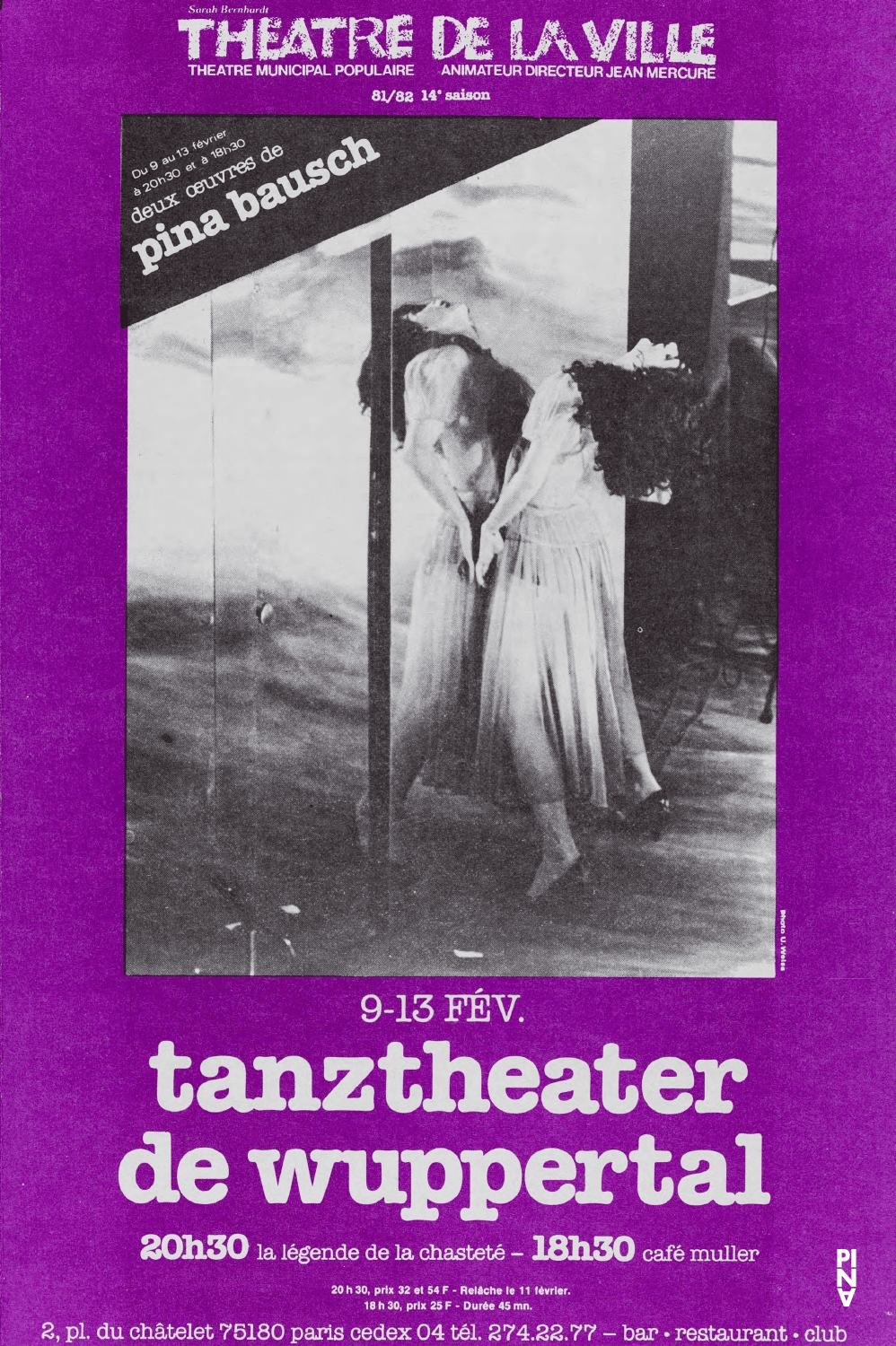 Programme pour « Café Müller » et « Keuschheitslegende (La légende de la chasteté) » de Pina Bausch avec Tanztheater Wuppertal à Paris, 9 fév. 1982 – 13 fév. 1982