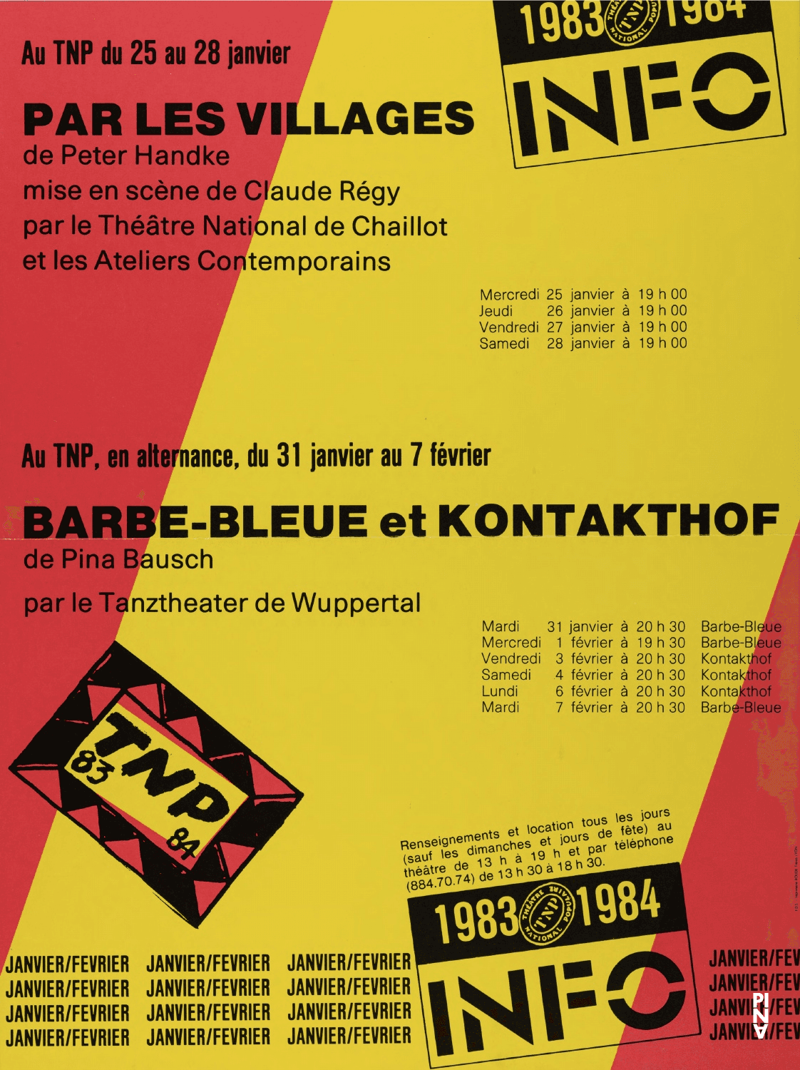 Calendrier des spectacles pour « Barbe-Bleue. En écoutant un enregistrement sur bande magnétique de l’opéra de Béla Bartók « Le Château de Barbe-Bleue » » et « Kontakthof » de Pina Bausch avec Tanztheater Wuppertal à Lyon, 31 jan. 1984 – 7 fév. 1984