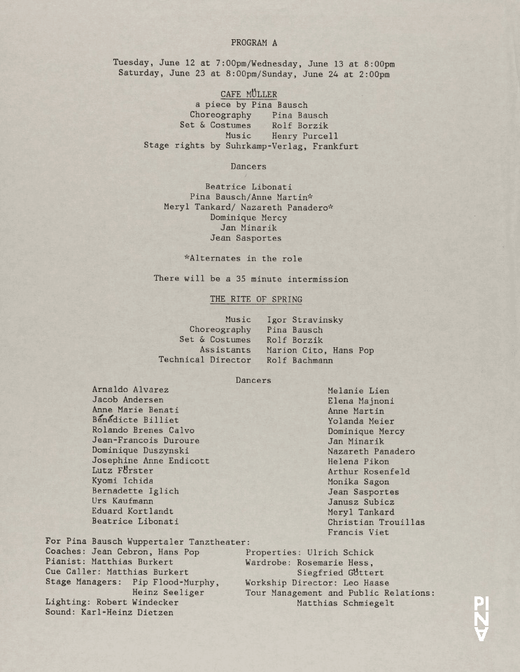 Abendzettel zu „Café Müller“ und „Das Frühlingsopfer“ von Pina Bausch mit Tanztheater Wuppertal in New York, 12.06.1984–24.06.1984