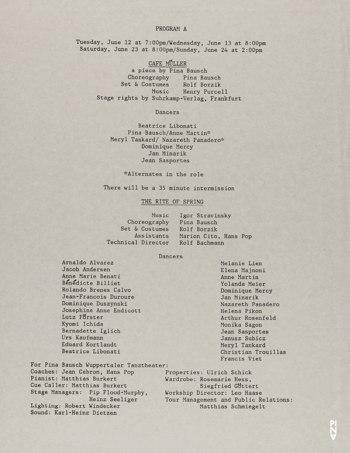 Abendzettel zu „Café Müller“ und „Das Frühlingsopfer“ von Pina Bausch mit Tanztheater Wuppertal in New York, 12.06.1984–24.06.1984