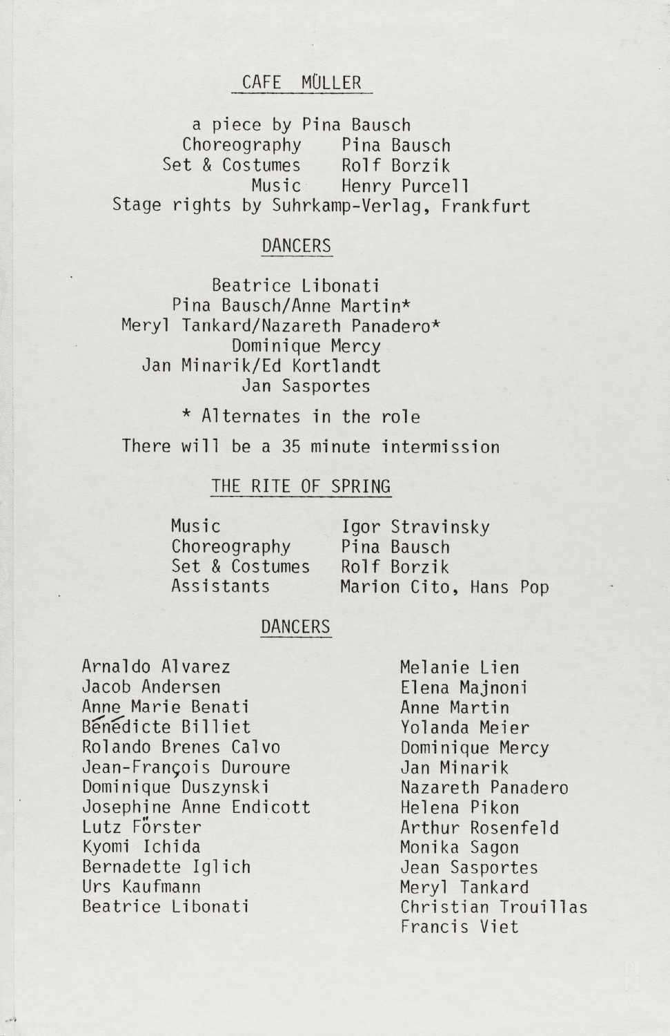 Programme pour « Le Sacre du printemps », « Café Müller » et « 1980 – Une pièce de Pina Bausch » de Pina Bausch avec Tanztheater Wuppertal à Toronto, 26 juin 1984 – 30 juin 1984