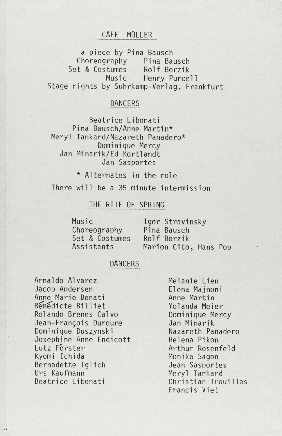 Abendzettel zu „Das Frühlingsopfer“, „Café Müller“ und „1980 – Ein Stück von Pina Bausch“ von Pina Bausch mit Tanztheater Wuppertal in Toronto, 26.06.1984–30.06.1984