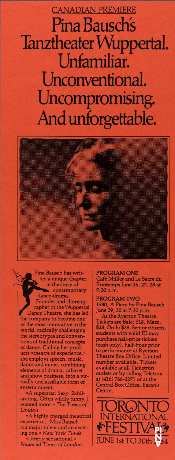 Programme pour « Le Sacre du printemps », « Café Müller » et « 1980 – Une pièce de Pina Bausch » de Pina Bausch avec Tanztheater Wuppertal à Toronto, 26 juin 1984 – 30 juin 1984