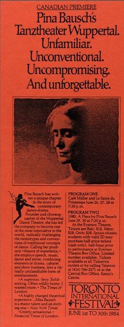 Abendzettel zu „Das Frühlingsopfer“, „Café Müller“ und „1980 – Ein Stück von Pina Bausch“ von Pina Bausch mit Tanztheater Wuppertal in Toronto, 26.06.1984–30.06.1984