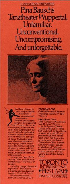 Programme pour « Le Sacre du printemps », « Café Müller » et « 1980 – Une pièce de Pina Bausch » de Pina Bausch avec Tanztheater Wuppertal à Toronto, 26 juin 1984 – 30 juin 1984