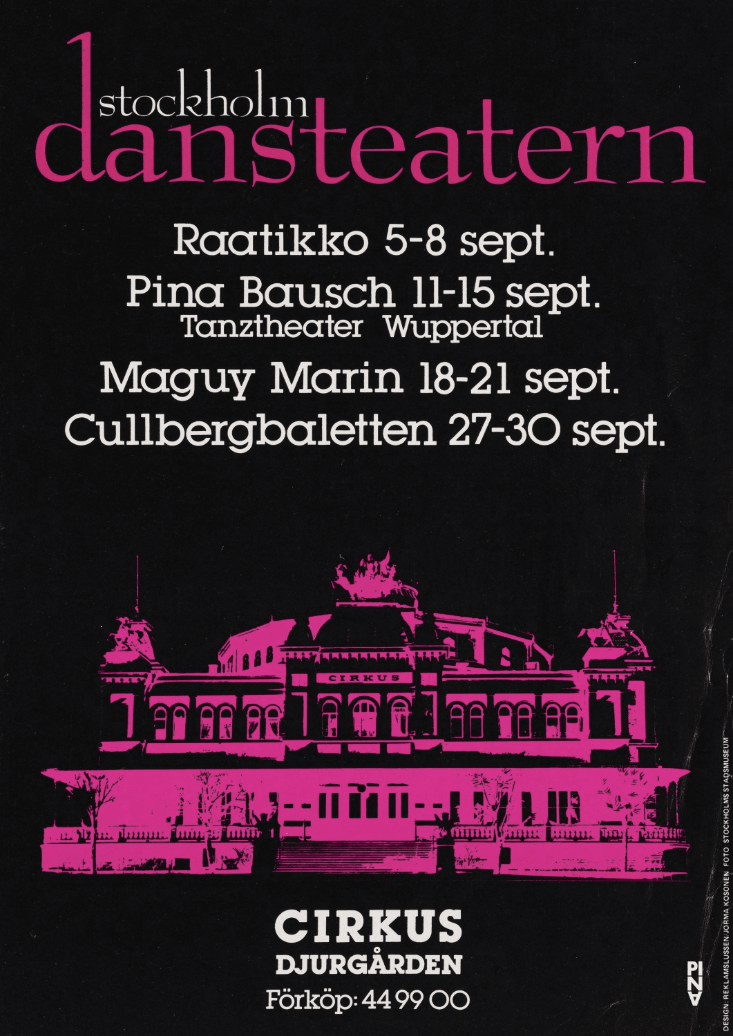 Spielplan zu „1980 – Ein Stück von Pina Bausch“ und „Kontakthof“ von Pina Bausch mit Tanztheater Wuppertal in Stockholm, 11.09.1984–14.09.1984