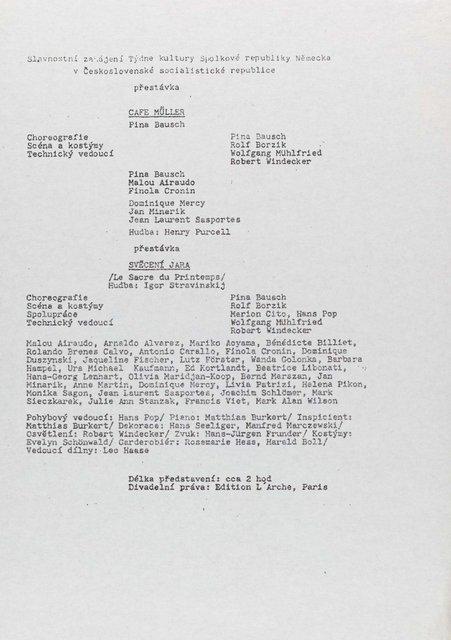 Programme pour « Café Müller » et « Le Sacre du printemps » de Pina Bausch avec Tanztheater Wuppertal à Košice et Prague, 12 oct. 1987 – 16 oct. 1987
