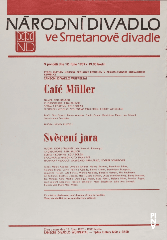 Evening leaflet for “Café Müller” and “The Rite of Spring” by Pina Bausch with Tanztheater Wuppertal in in Prague, 10/12/1987 – 10/13/1987
