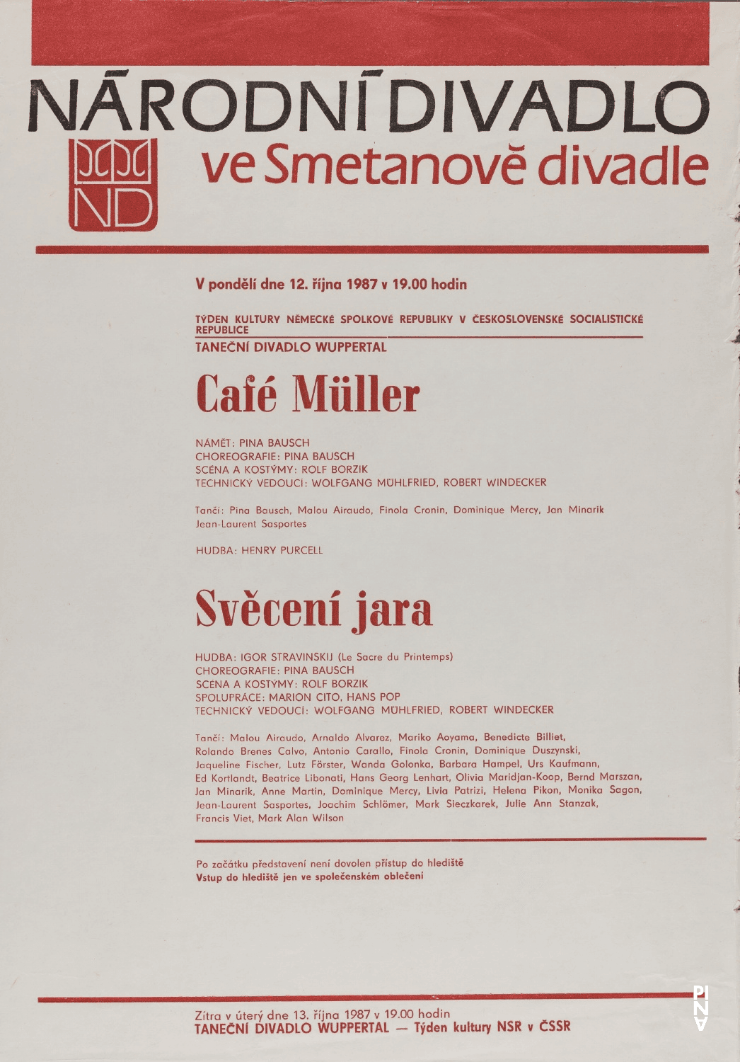 Programme pour « Café Müller » et « Le Sacre du printemps » de Pina Bausch avec Tanztheater Wuppertal à Prague, 12 oct. 1987 – 13 oct. 1987