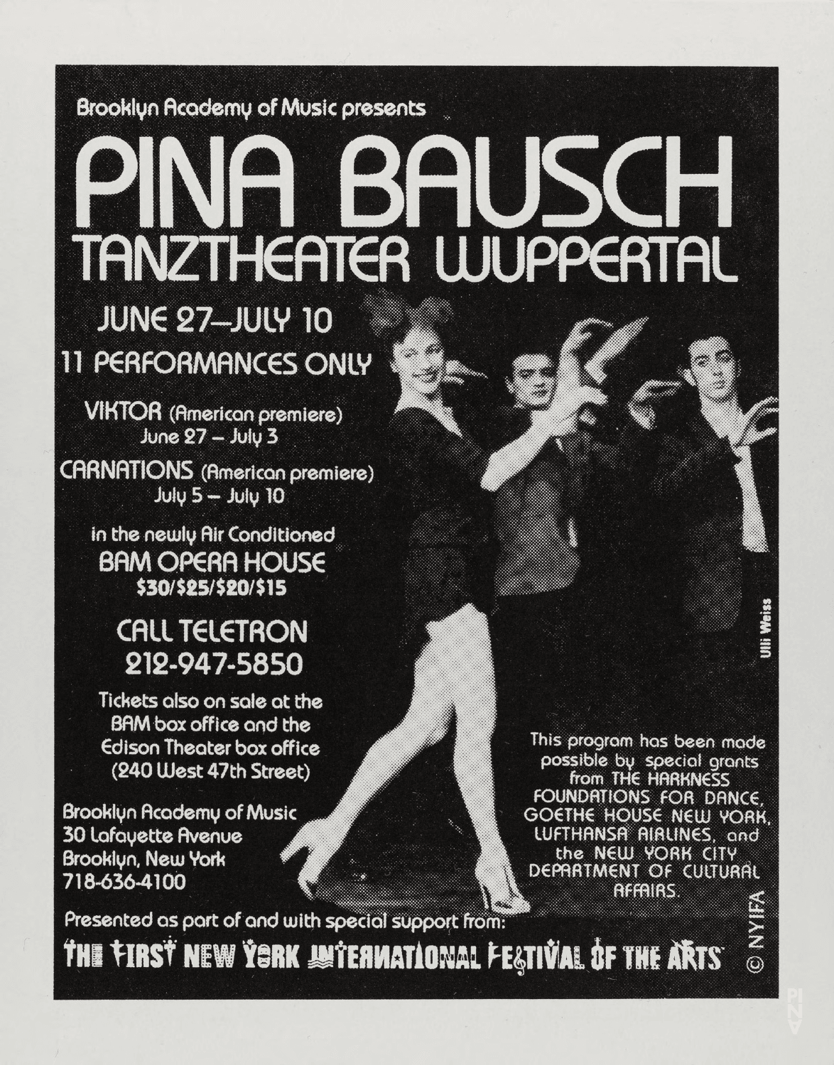 Prospectus pour « Viktor » et « Nelken (Les œillets) » de Pina Bausch avec Tanztheater Wuppertal à New York, 27 juin 1988 – 10 juil. 1988