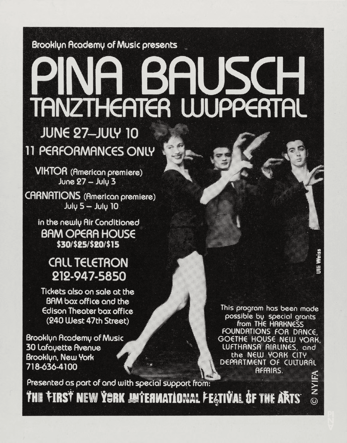 Flyer for “Viktor” and “Nelken (Carnations)” by Pina Bausch with Tanztheater Wuppertal in in New York, 06/27/1988 – 07/10/1988