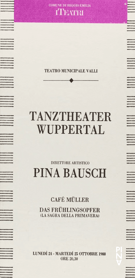 Programme pour « Café Müller » et « Le Sacre du printemps » de Pina Bausch avec Tanztheater Wuppertal à Reggio nell'Emilia, 24 oct. 1988 – 25 oct. 1988