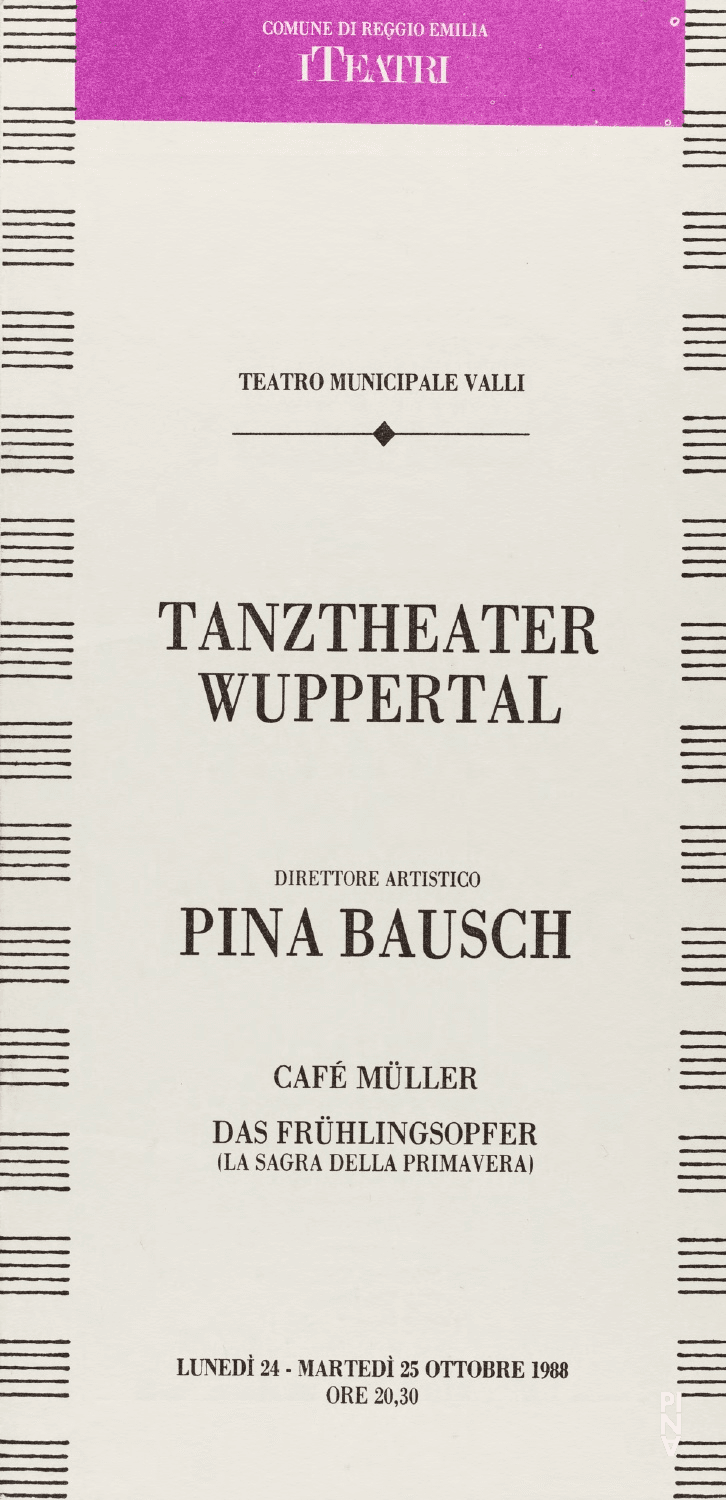 Programmheft zu „Café Müller“ und „Das Frühlingsopfer“ von Pina Bausch mit Tanztheater Wuppertal in Reggio nell'Emilia, 24.10.1988–25.10.1988